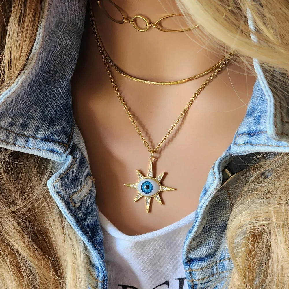 Rhodium 14K Gold Plated Chain Moroccan Evil Eye Star Mystic Pendant